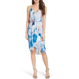Womens Chelsea28 Spaghetti Strap FX Wrap Blue Watercolor Floral Print Dress Sz 2